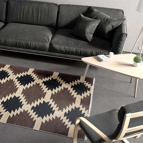 Classic Handloomed Velvet & Cotton Geometric Pattern Floor Rug With Braided Fringes - Wowvious