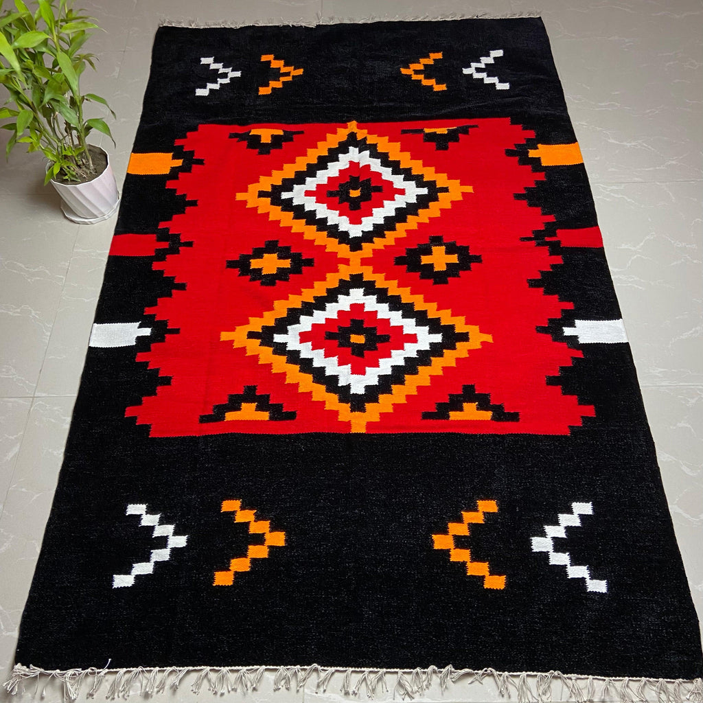 Bohemian Style Multi Textured Colourful Hand Loomed Shatranji Rug For Attractive Home Decoration - Wowvious